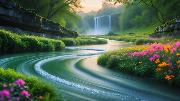 fluido corriente líder a cascada con vistoso flores y lozano verdor foto