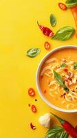 A bowl of noodle soup with herbs and peppers on a bright yellow table, for food blogging photo
