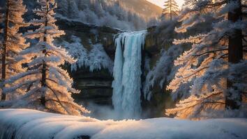 Frozen Waterfall in Winter Forest with Snow Covered Pine Trees photo