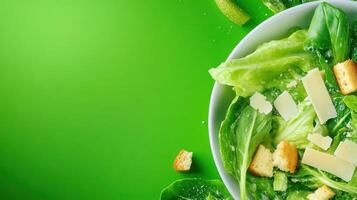 A delicious salad with fresh vegetables in a white bowl. Food blog or recipe concept photo