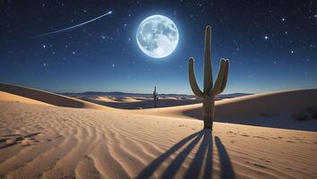 Cactus Silhouette in Desert Sand Under Starry Night with Full Moon photo