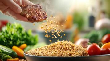 Adding meat and seeds to grains, veggies in background, for healthy cooking recipes or diet photo