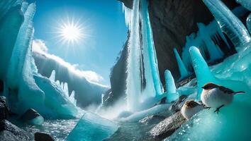 Birds Perched Near Turquoise Waterfall and Icy Formations Under Bright Sky photo