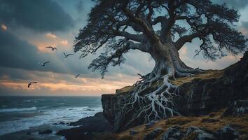 Lone Tree Standing Firm on Cliff Overlooking Ocean with Birds Flying photo