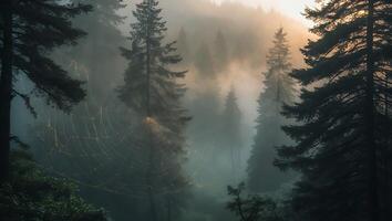 Foggy Forest Landscape with Spiderweb and Sunlight Shining Through Trees photo