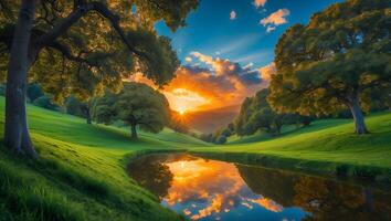 Sunset Reflection in Pond on Green Hillside with Trees photo