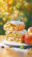 Apple strudel dusted with powder sugar, on table with autumn foliage background photo