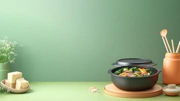 Asian food in bowl. Colorful veggies, tofu, and greens. Home meal on kitchen background. Possible menu card photo