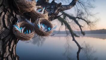 Bird Nests in Tree with Feathers Overlooking Calm Lake at Sunrise photo