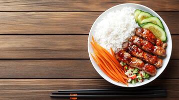 Asian meal with rice, meat, cucumber and carrots on wooden table for recipe, menu, and presentation photo
