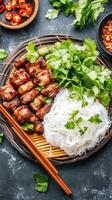 Asian grilled beef, noodles, and herbs served on a platter, can be used for a menu photo