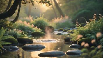 Water Fountain in Forest Stream with Rocks and Soft Light photo