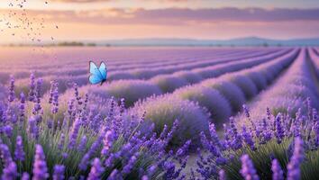 Butterfly Flying Over Lavender Field at Sunset with Distant Mountains photo