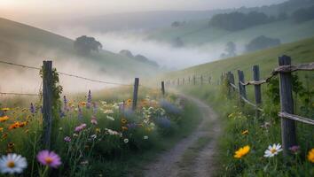 Walking Path with Wildflowers and Fog in Rolling Green Hills photo