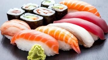 Assorted sushi display with rolls, nigiri, and wasabi on a dark surface, for a restaurant menu photo