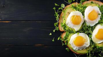 Avocado toast with poached eggs and sprouts, flat lay. Healthy eating concept photo