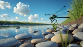 Dragonfly Resting by Riverbank with Smooth Stones and Serene Sky photo