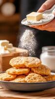 Baking cookies Hands adding flour to butter. Homemade dessert preparation on a wooden table photo