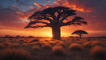 Baobab Tree Standing Tall at Sunset on African Savannah photo