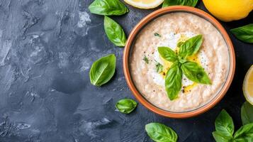 Bean soup bowl with basil and lemon, served on a dark grey background for healthy eating photo