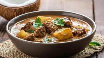 Beef potato curry served in brown bowl, garnished with coriander, sits on burlap surface for menu item photo