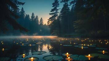 Glowing Lights on Lake in Misty Forest with Sunset Reflection photo