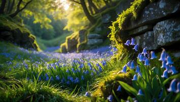 Bluebell Flowers Blooming in Green Forest Glade with Sunlight photo