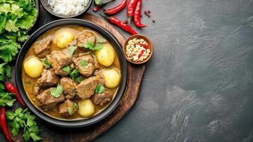 Beef stew with potatoes and peppers on a wooden board. For food blog and cookbook recipes photo