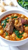 Beef stew with chickpeas and spinach served in a white bowl fresh spinach photo