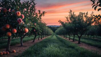 Peach Orchard at Sunset Rows of Trees with Fruit Harvest photo