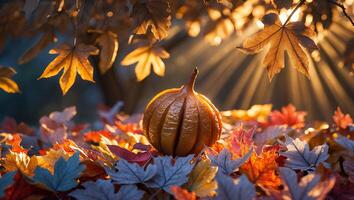 Autumn Pumpkin Among Colorful Fallen Leaves with Golden Light photo