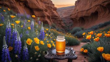 Jar of Honey in a Desert Landscape with Wildflowers on Table photo
