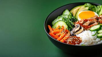 Bibimbap bowl. Healthy meal with egg, meat, veggies on rice. Studio shot on green background. Food blog photo