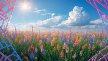 Colorful Flower Field Under Sunny Sky with Geometric Frame Elements photo