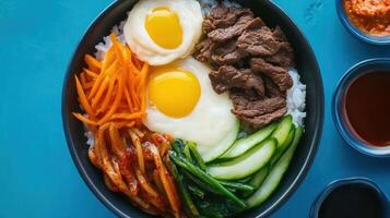 Bibimbap bowl with beef, egg and veggies with assorted sauce. Healthy food eating at a restaurant photo
