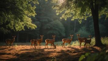 Deer Gathering in a Forest Clearing at Sunrise with Soft Light photo