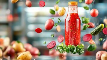 Bottle with red sauce surrounded by flying vegetables on the table for food ads or articles photo