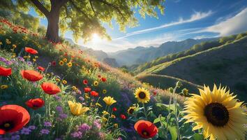Sunlit Meadow with Colorful Wildflowers Growing on Hills at Sunrise photo