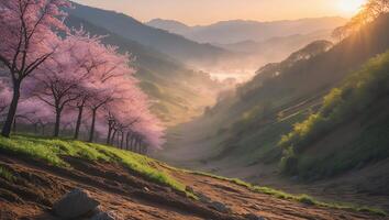 Blooming Trees Line Path Through Valley with Morning Mist and Sunlight photo