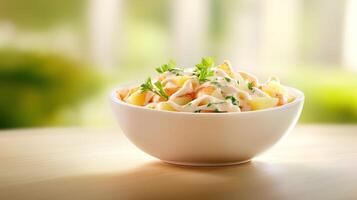 Bowl of creamy potato salad appetizer on table, nature background. Food photography photo