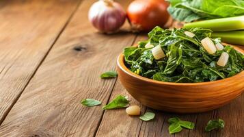 Bowl of fresh cooked green leafy vegetable and garlic, laid on wooden table, for healthy diets photo