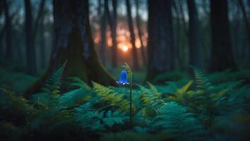 Bluebell Flower Blooming in Forest at Sunset with Ferns photo
