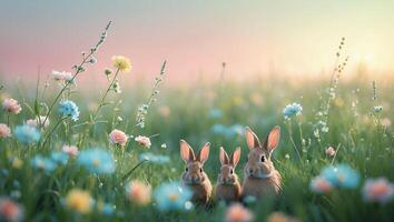 Three Rabbits Sitting in a Flower Field at Gentle Sunset photo