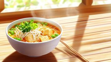 Bowl of noodle soup with greens on table. Light streaming through window. Culinary meal photo