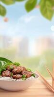Bowl of noodles with meat on wood surface, blurred building and leaves. Recipe background usage photo