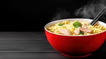 Bowl of noodles with steam, topped with meat, on table for dinner, menu promo, background black photo