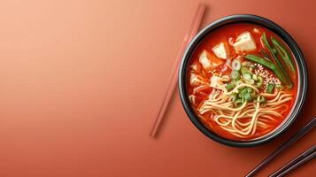 Bowl of noodles with tofu, herbs veg on orange surface. Culinary advert use photo