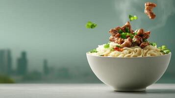 Bowl of noodles with beef on table, green background with cityscape. Food advertising photo