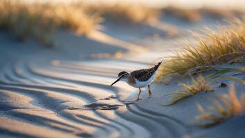 Sandpiper Foraging on Sandy Beach at Sunset with Natural Light photo