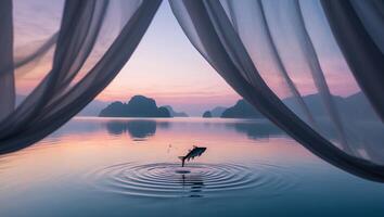 Fish Jumping in Calm Water at Sunset Through Gray Curtains photo
